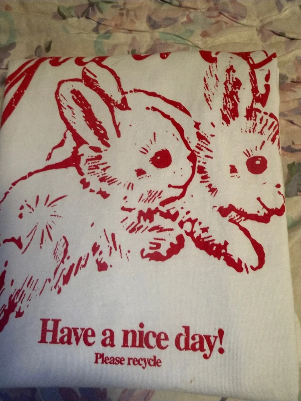 Ganni White Short Sleeve Tee with Pink Bunny Graphic